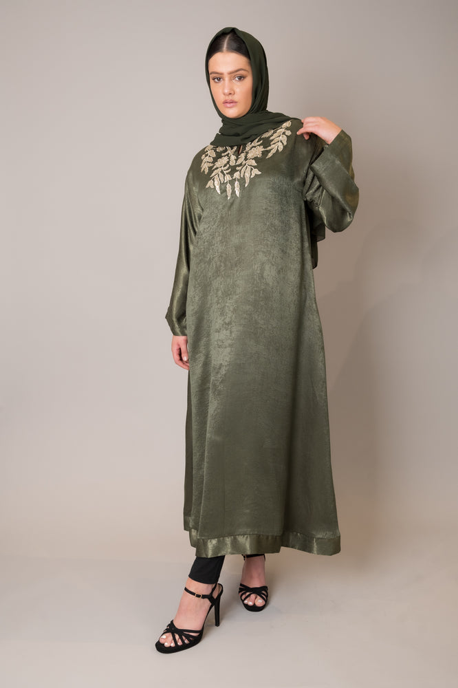 Khaki Embroidered Midi Dress