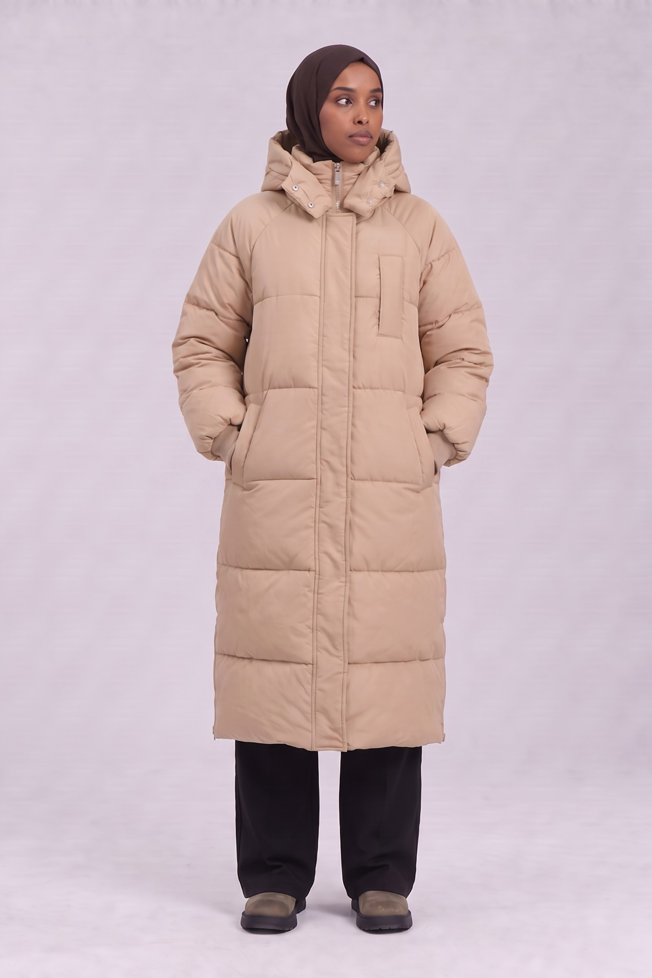 Longline Hooded Puffer Coat - Beige – Aapas