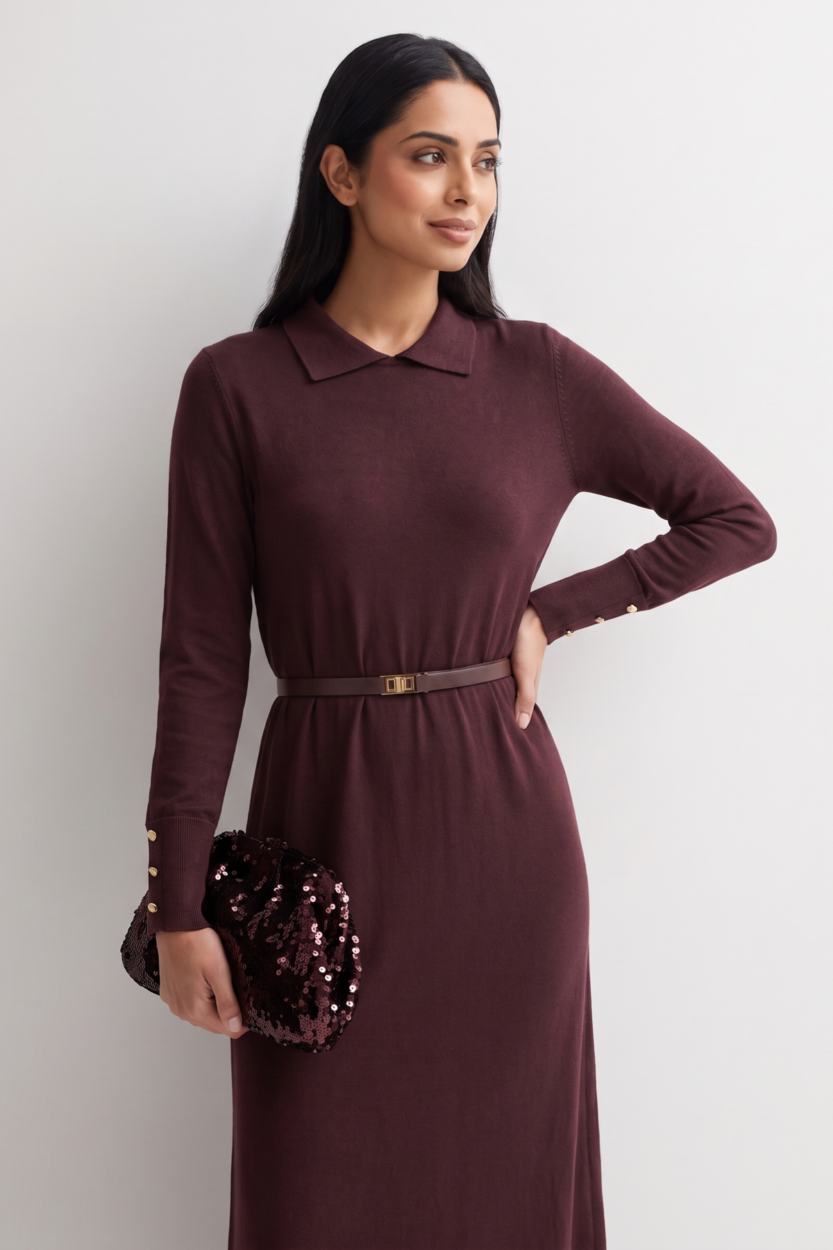 Nayla Brown Belted Dress