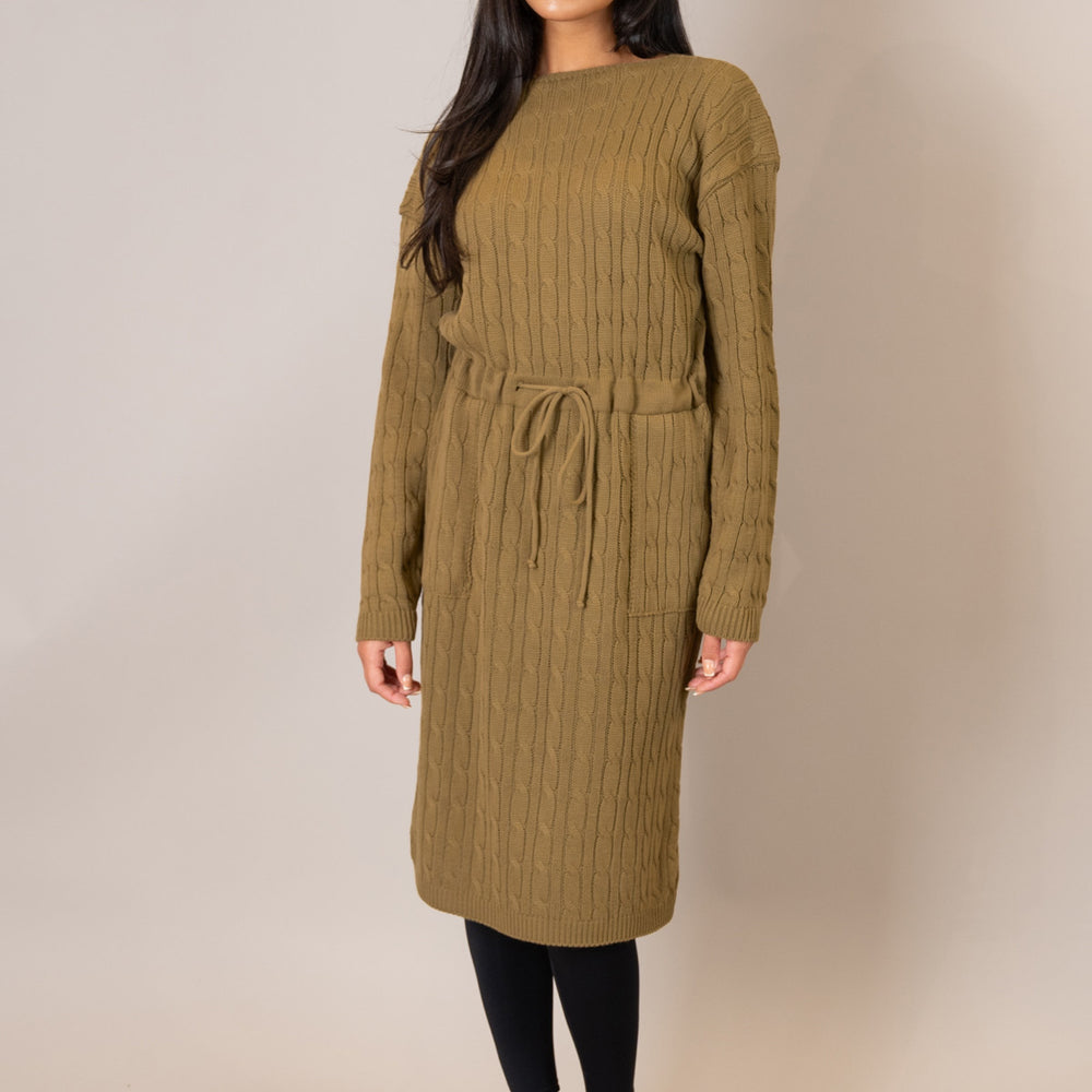 
                      
                        Winter Camel Drawstring Cable Knit Dress
                      
                    