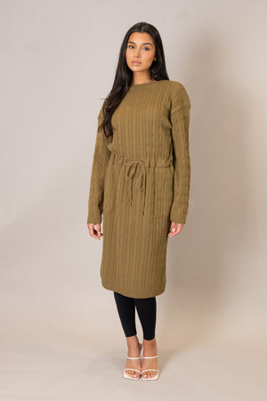 Winter Camel Drawstring Cable Knit Dress