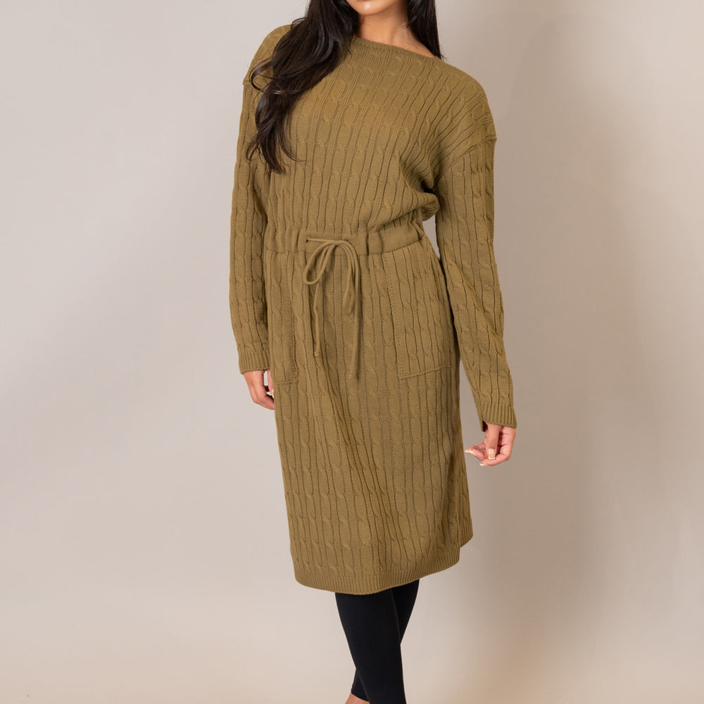 Winter Camel Drawstring Cable Knit Dress