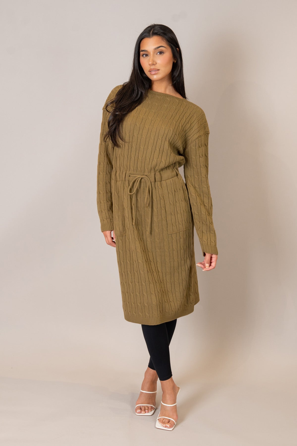 Winter Camel Drawstring Cable Knit Dress