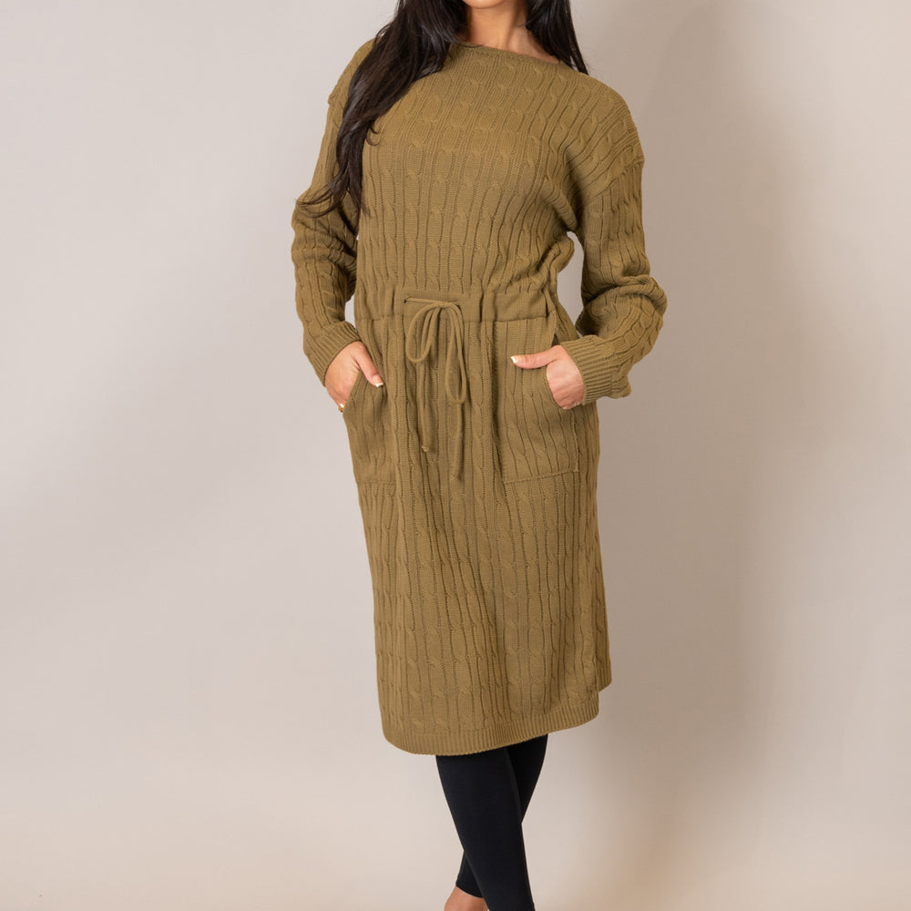 
                      
                        Winter Camel Drawstring Cable Knit Dress
                      
                    