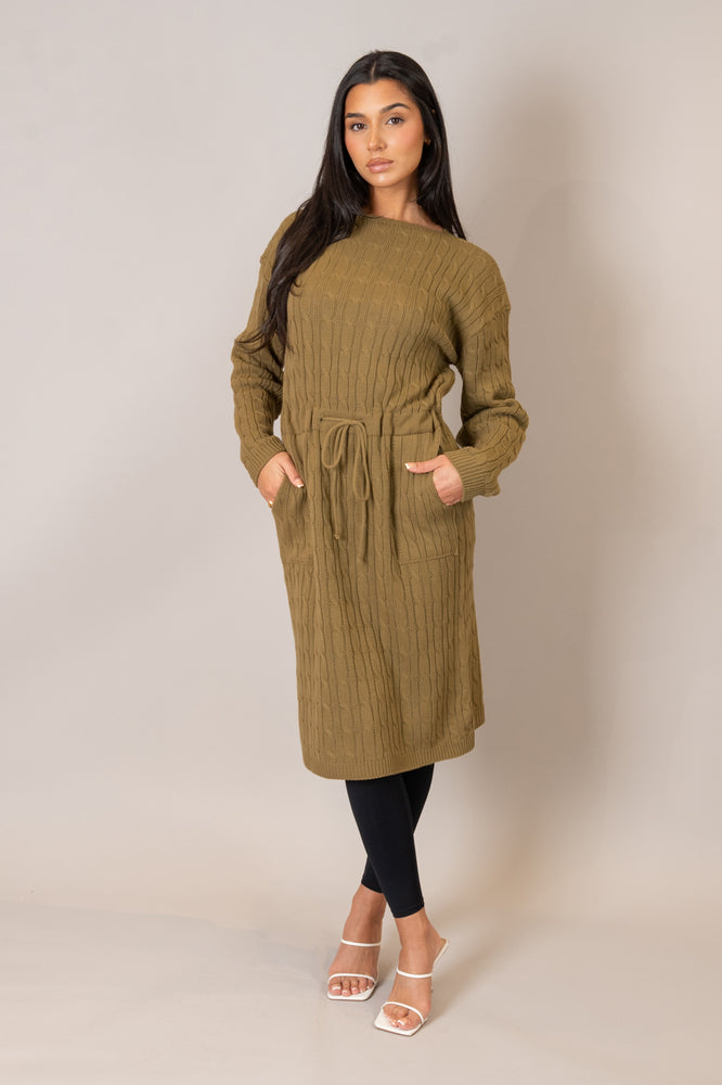 Winter Camel Drawstring Cable Knit Dress