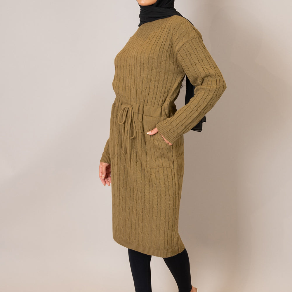 
                      
                        Winter Camel Drawstring Cable Knit Dress
                      
                    