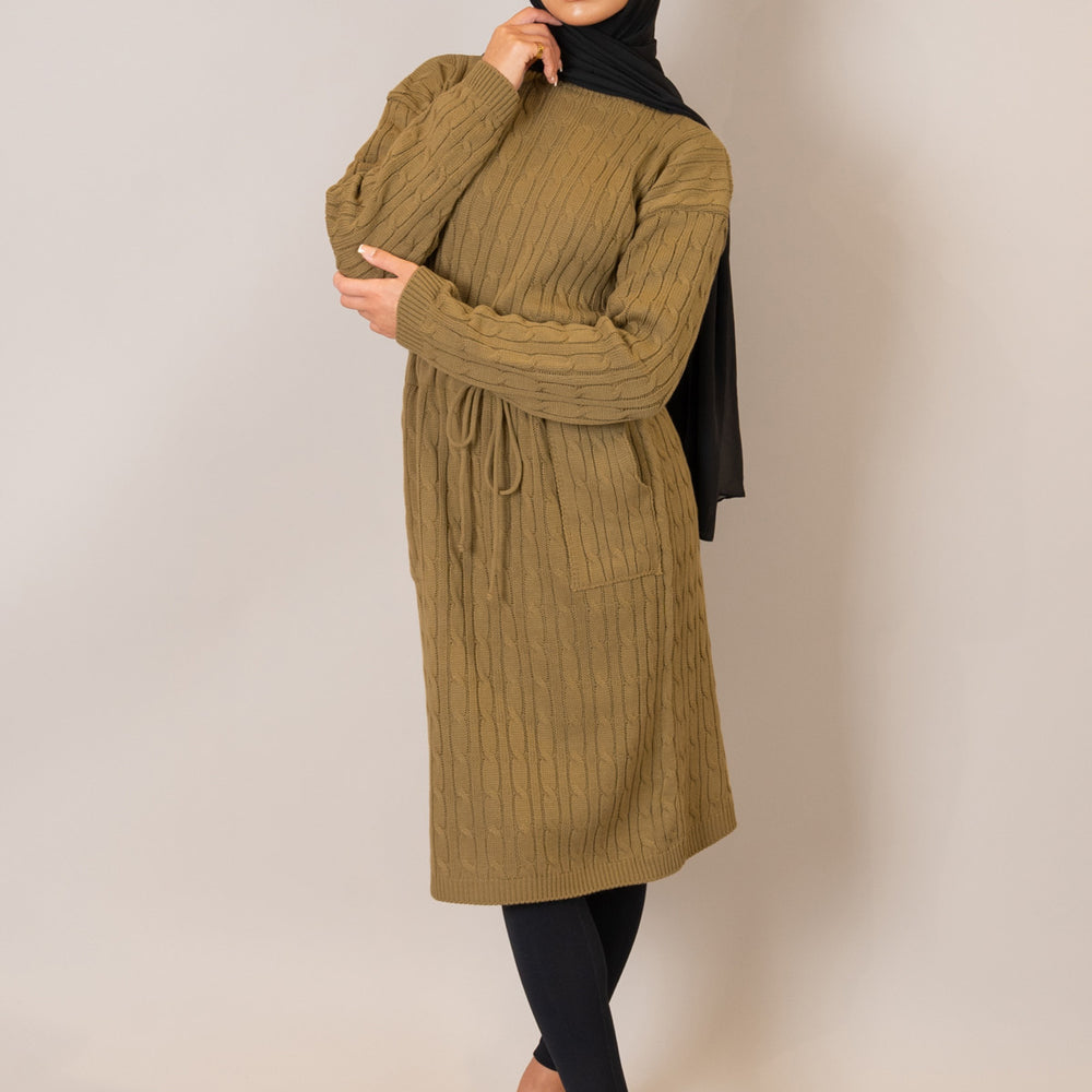 
                      
                        Winter Camel Drawstring Cable Knit Dress
                      
                    