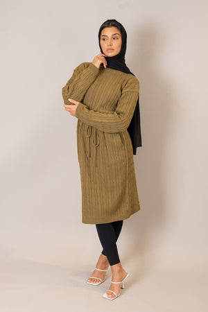 Winter Camel Drawstring Cable Knit Dress