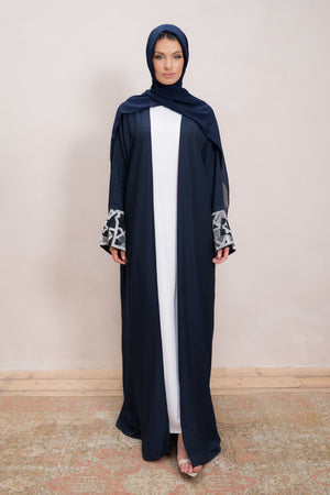 Navy Blue Embroidered Open Abaya