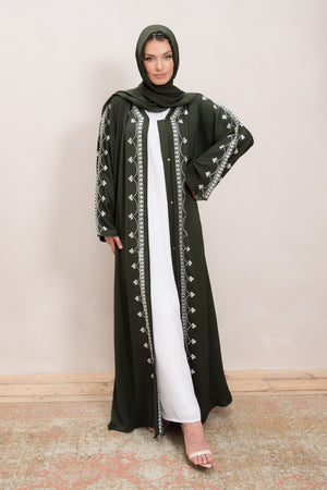 Khaki & White Embroidered Open Abaya