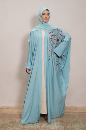 Aqua Embroidered Open Abaya
