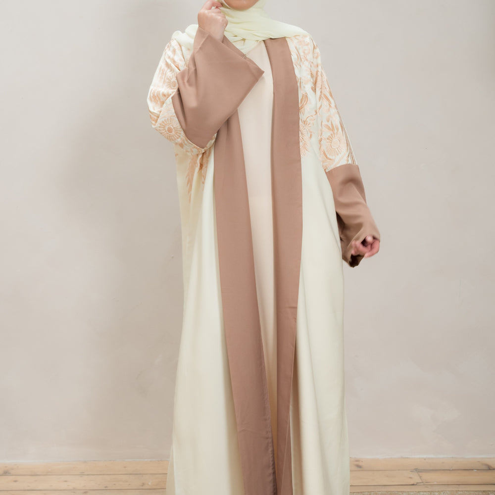 
                      
                        Cream & Mocha Embroidered Open Abaya
                      
                    