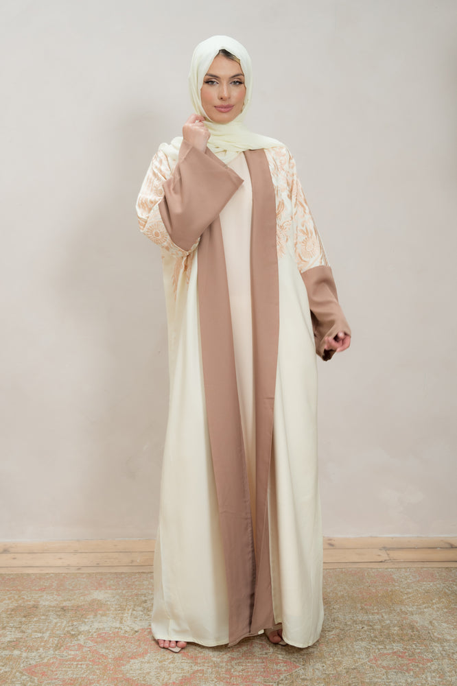 Cream & Mocha Embroidered Open Abaya