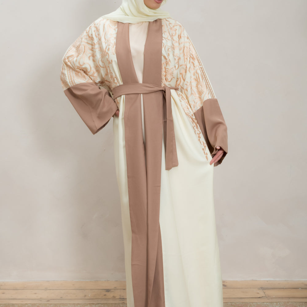 
                      
                        Cream & Mocha Embroidered Open Abaya
                      
                    