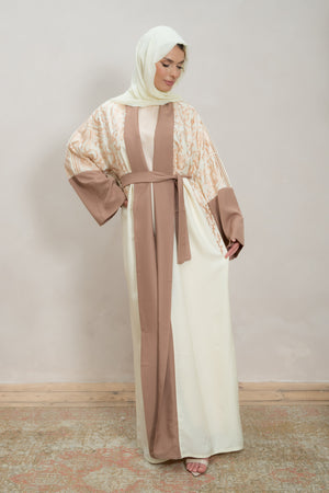Cream & Mocha Embroidered Open Abaya