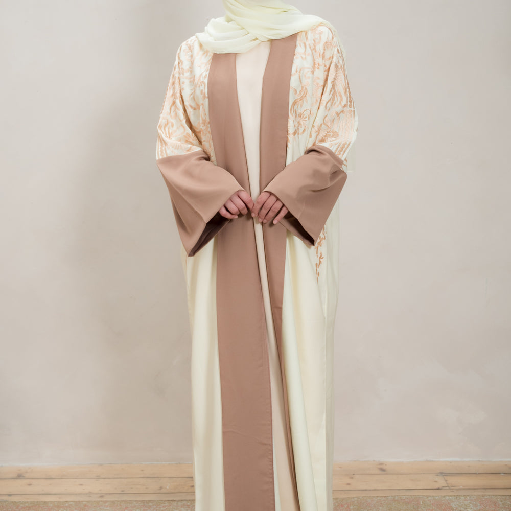 
                      
                        Cream & Mocha Embroidered Open Abaya
                      
                    