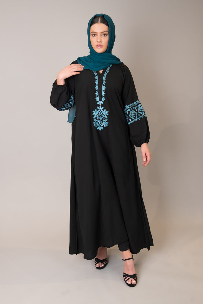 Black & Teal Embroidered Maxi Dress