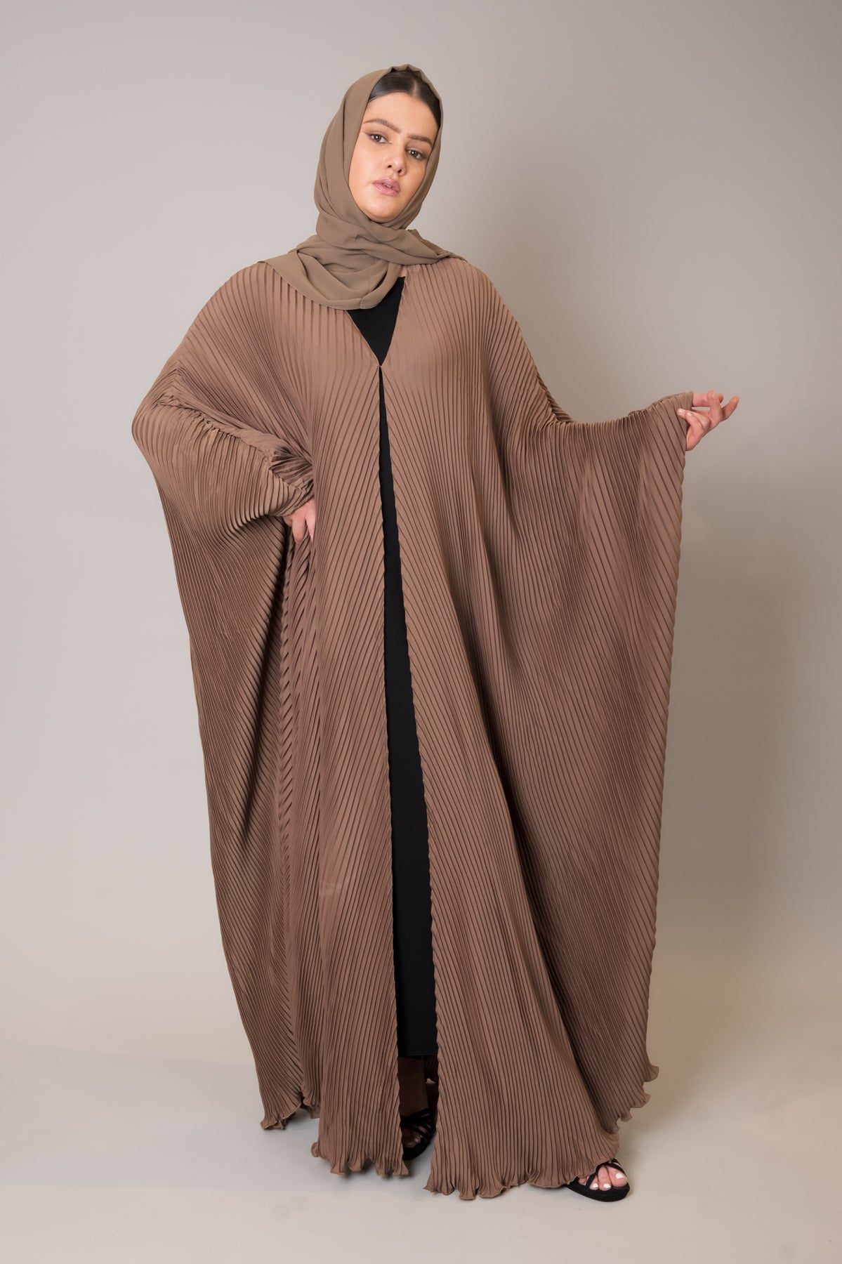 Mocha Batwing Pleated Open Front Kaftan