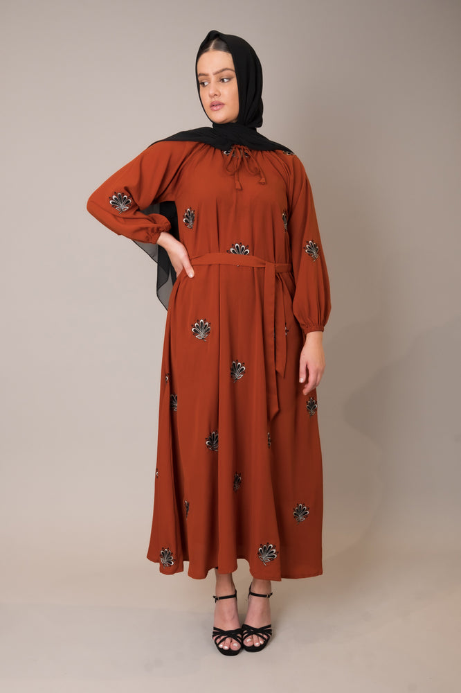 Rust Embroidered Midi Dress