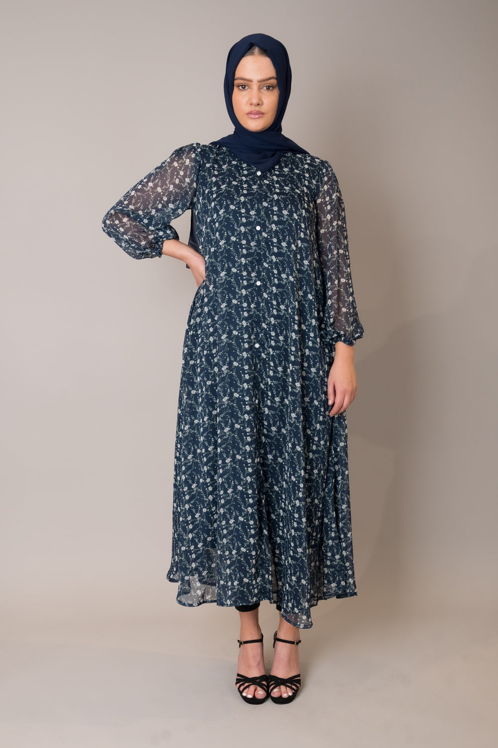 Navy Ditsy Floral Midi Dress