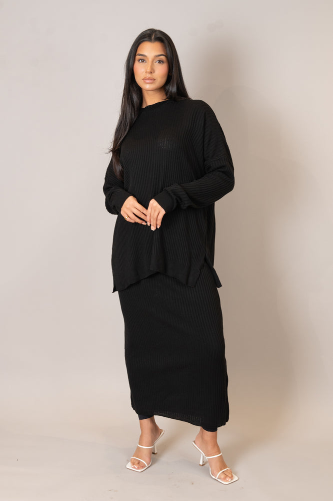 Black Ribbed Knit Skirt and Top Set