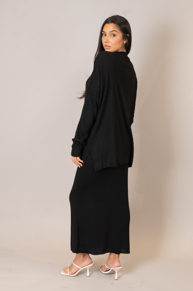 Black Ribbed Knit Skirt and Top Set