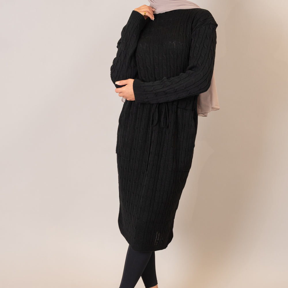 
                      
                        Black Drawstring Cable Knit Dress
                      
                    