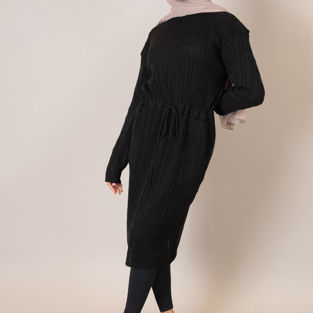 
                      
                        Black Drawstring Cable Knit Dress
                      
                    