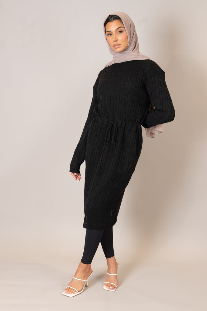 Black Drawstring Cable Knit Dress