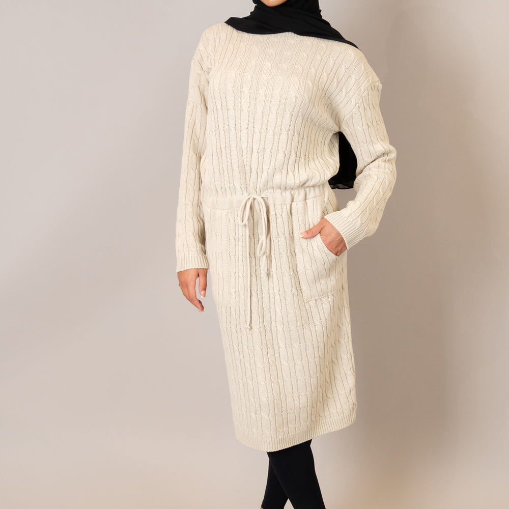 Stone Drawstring Cable Knit Dress