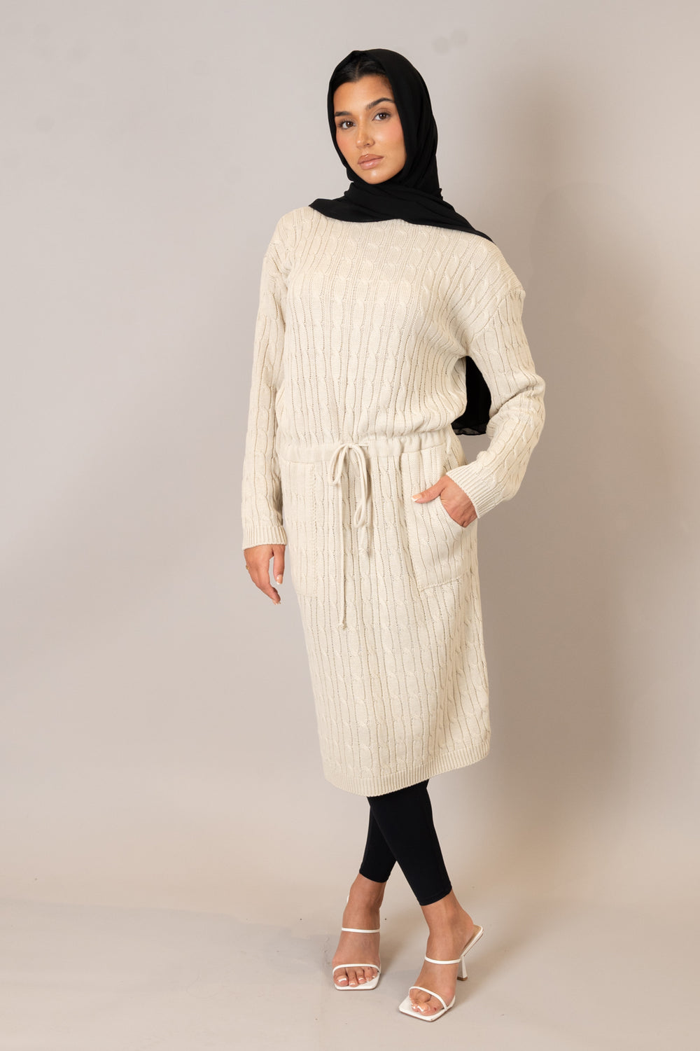 Stone Drawstring Cable Knit Dress