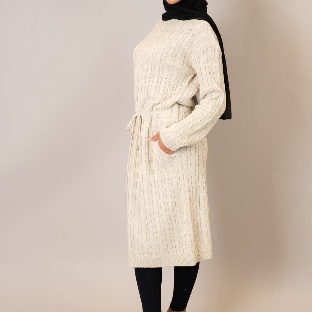 Stone Drawstring Cable Knit Dress