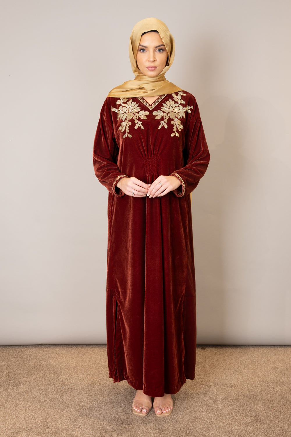 Rust Velvet Embroidered Kaftan