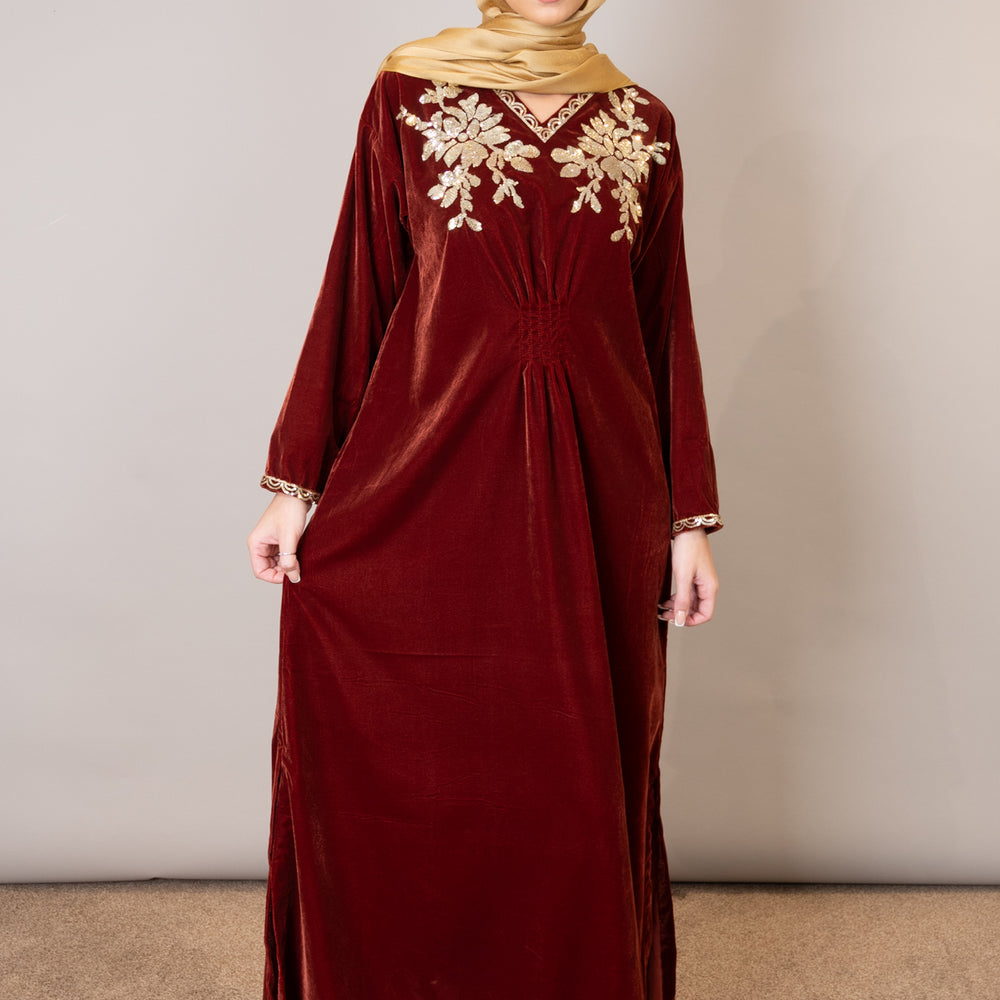 
                      
                        Rust Velvet Embroidered Kaftan
                      
                    