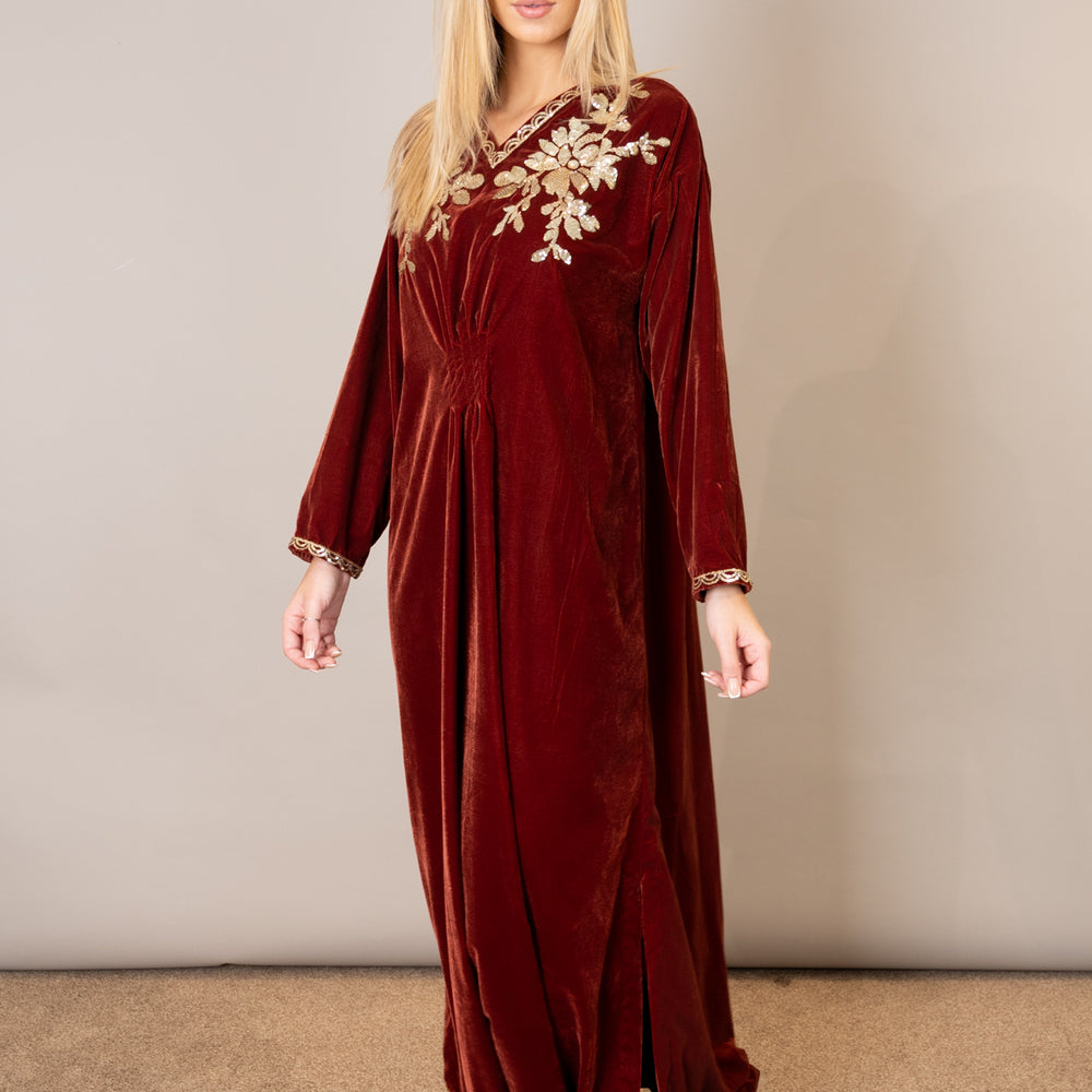 
                      
                        Rust Velvet Embroidered Kaftan
                      
                    