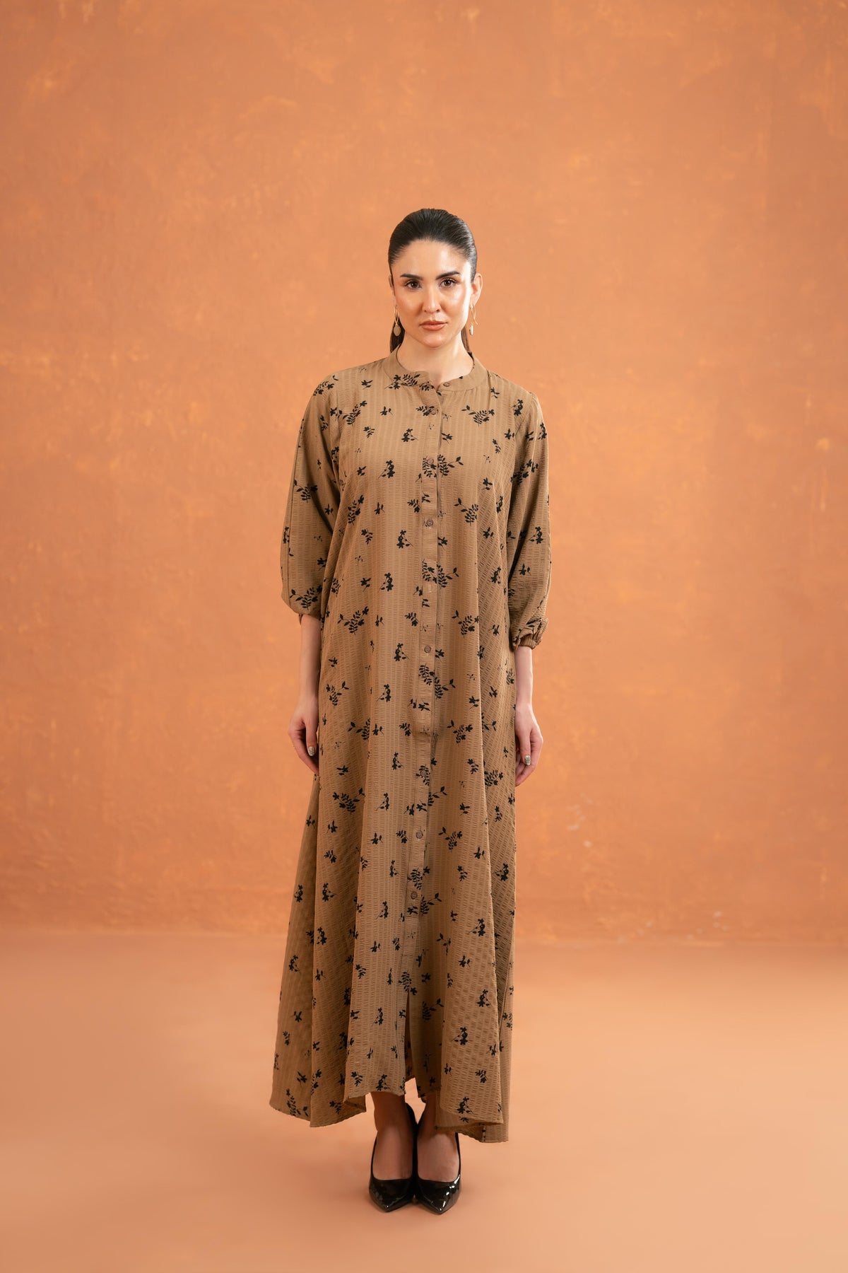 Print Mocha Floral Textured Dress