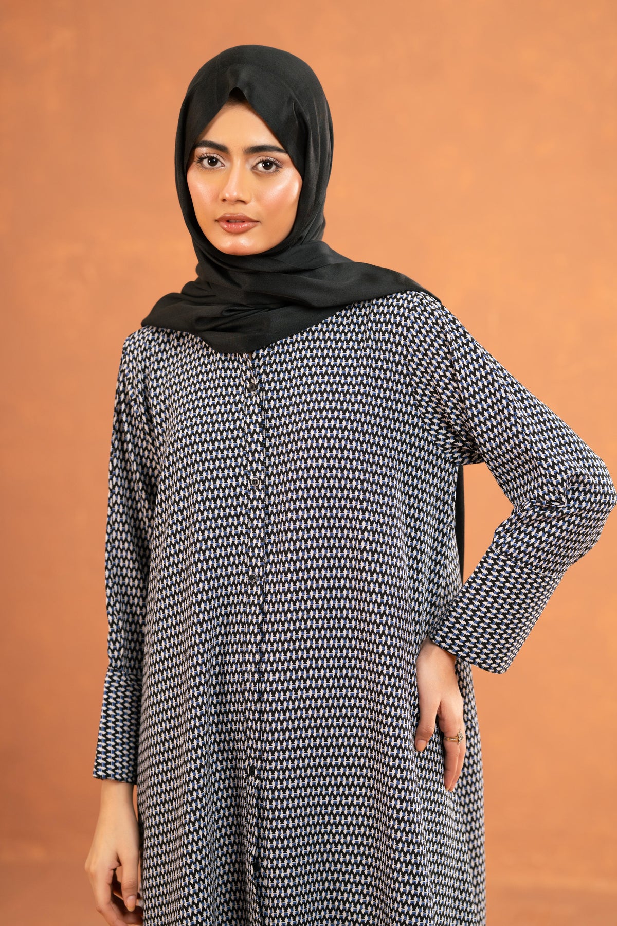 Print Navy Houndstooth Viscose Dress