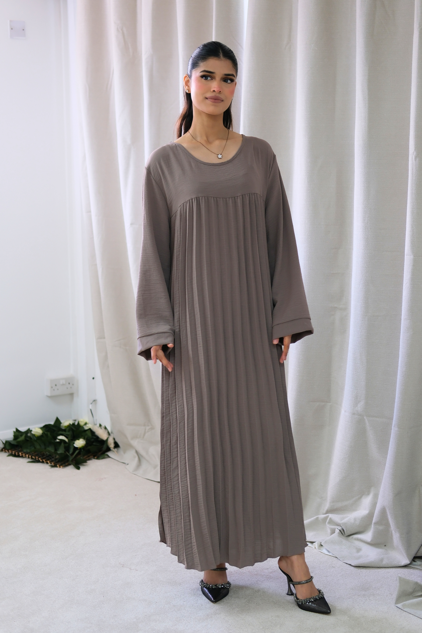 Aria Taupe Pleated Dress