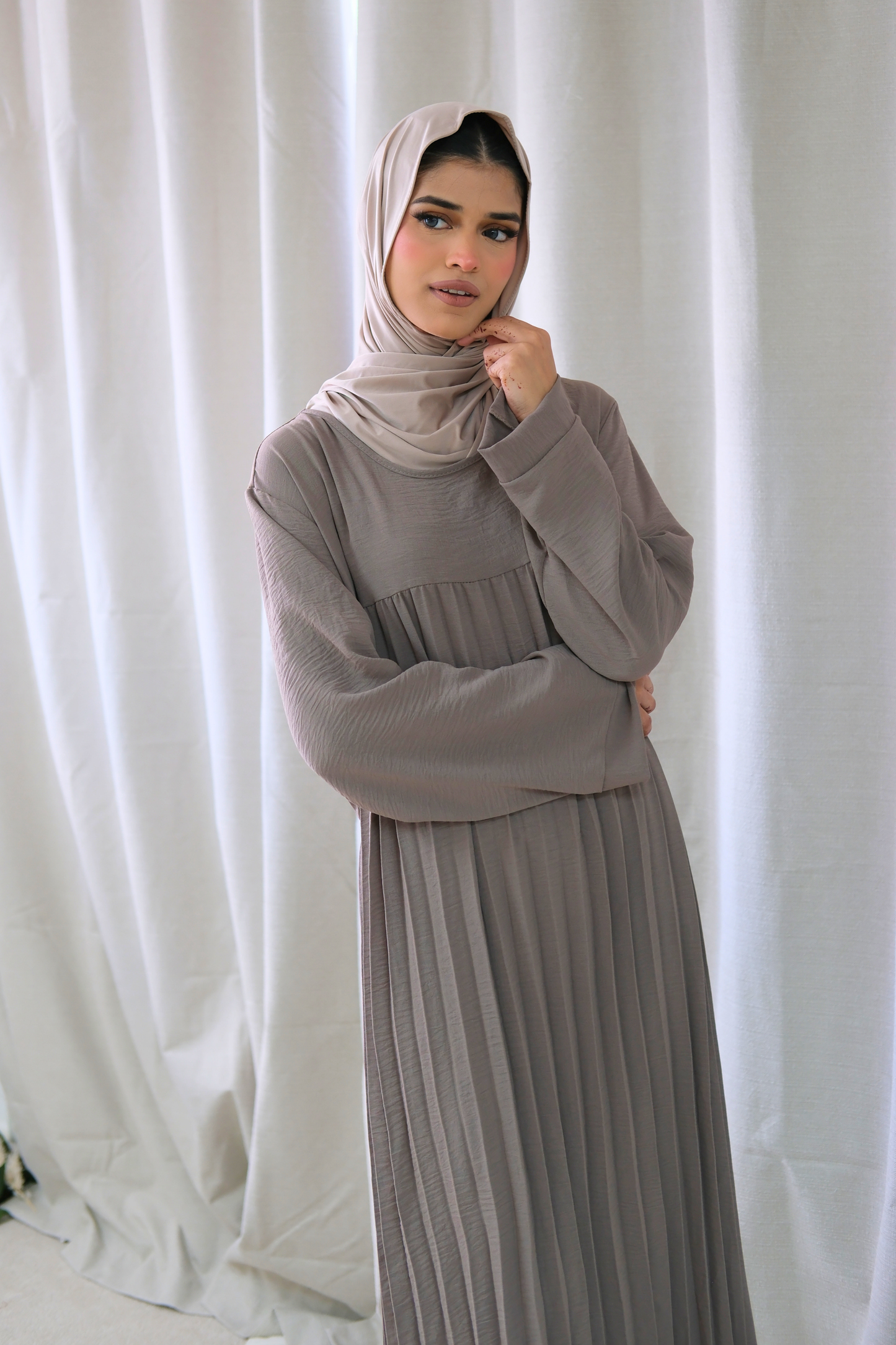 Aria Taupe Pleated Dress