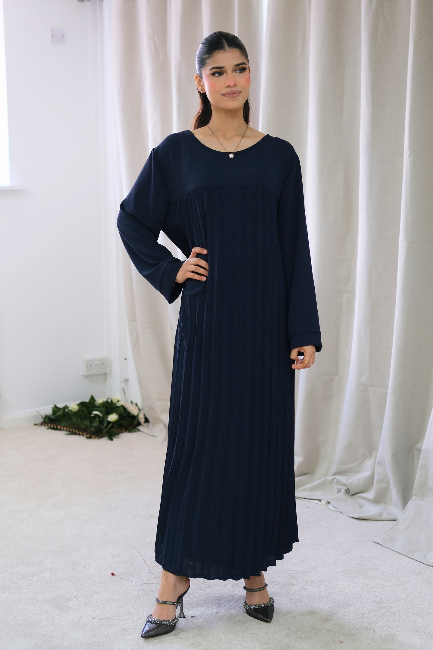 Aria Navy Pleated Dress