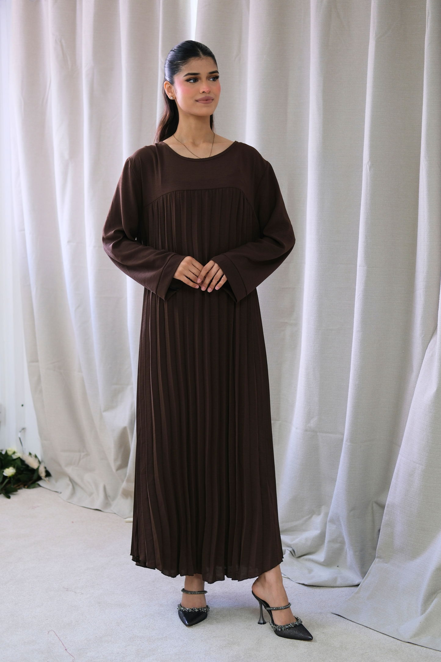 Aria Brown Pleated Dress