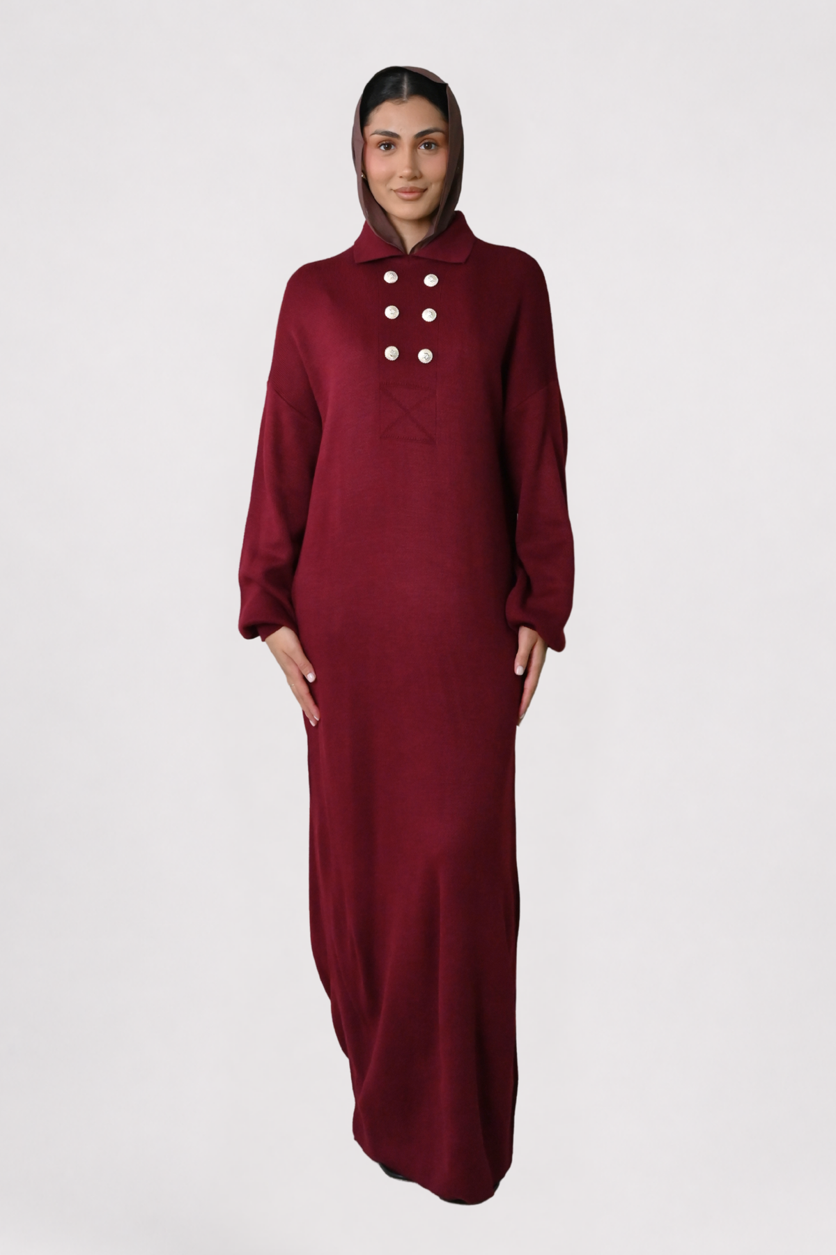 Wine Button Detail Knit Dress