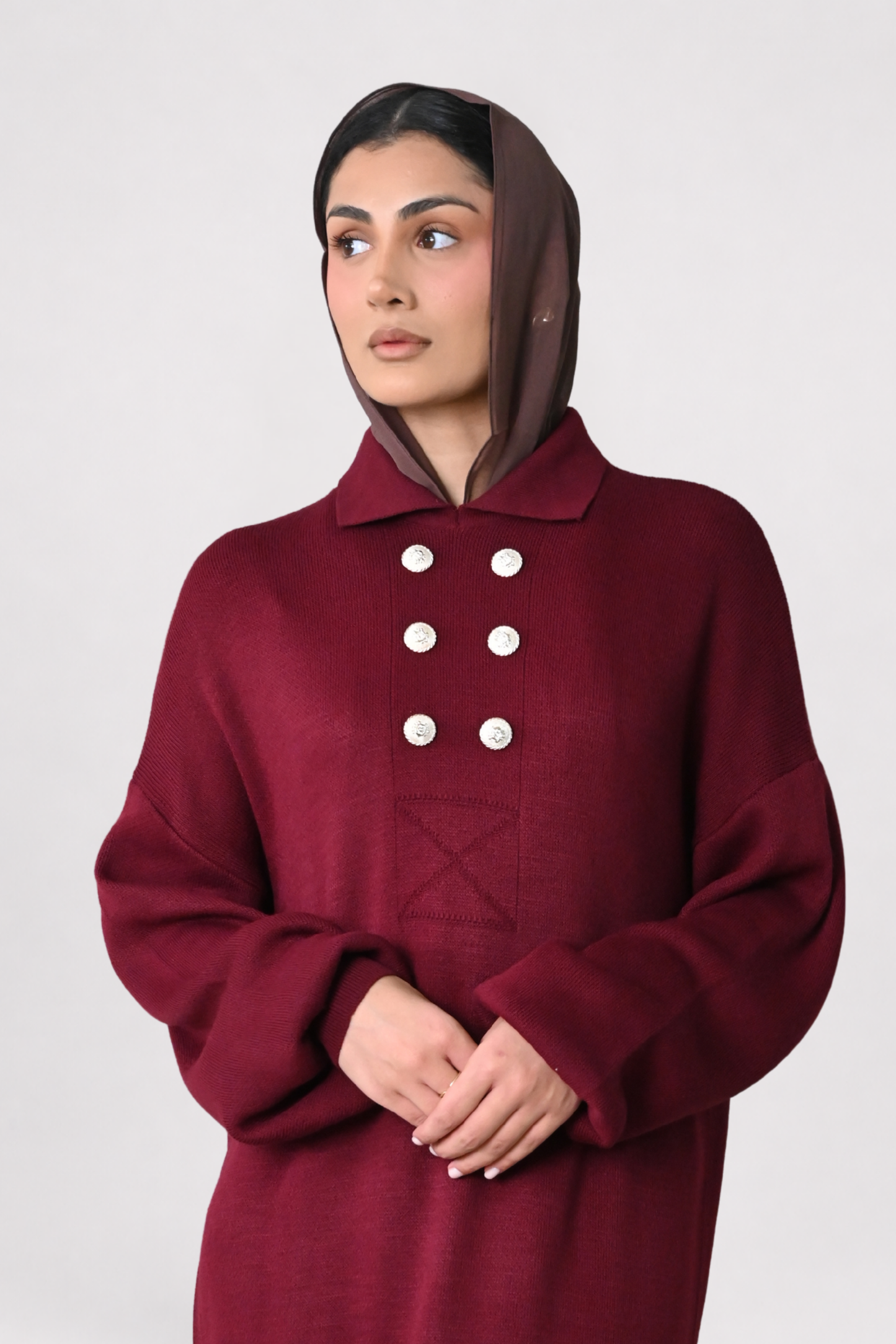 Wine Button Detail Knit Dress