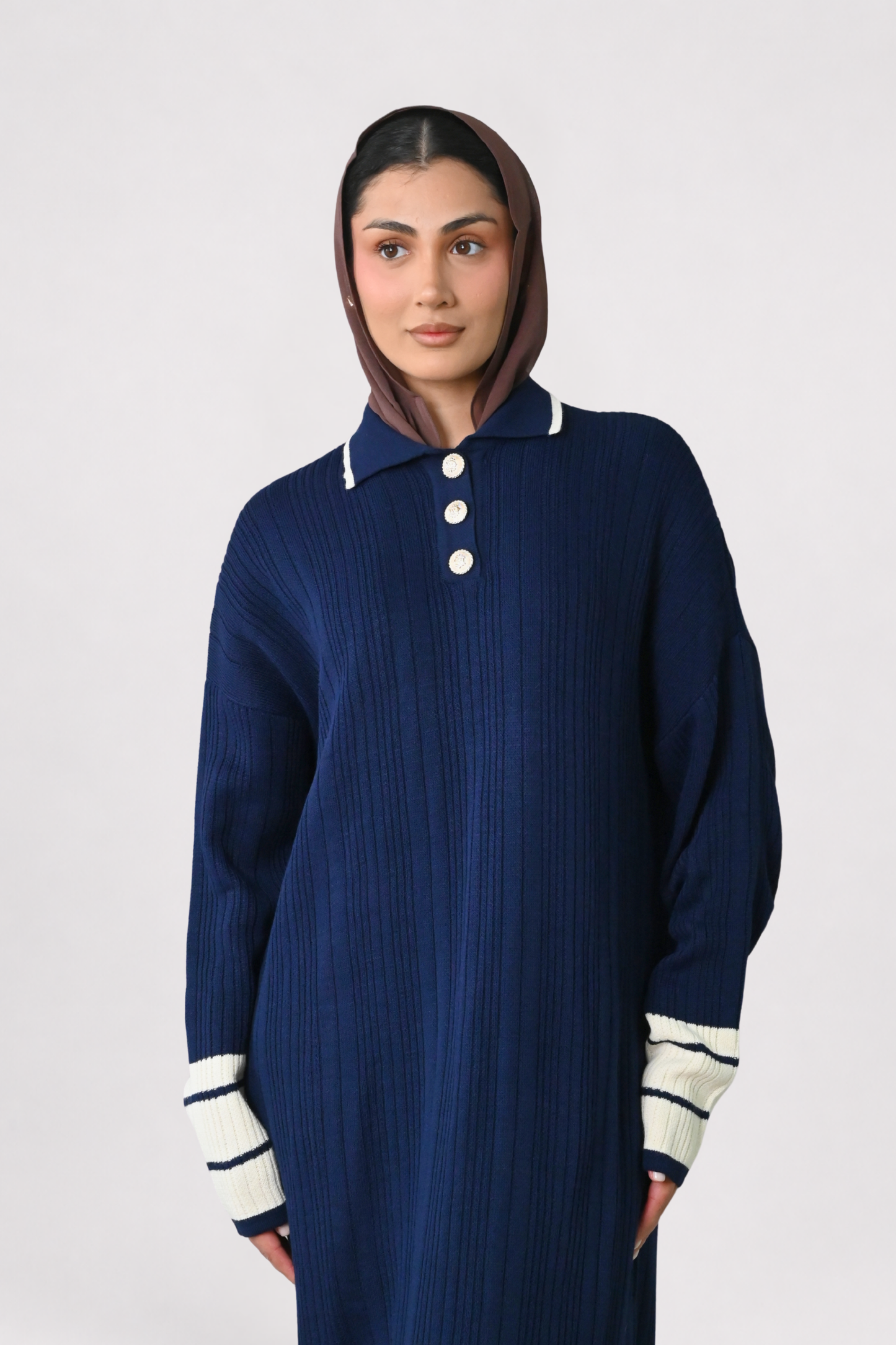 Navy Contrast Rib Knit Dress