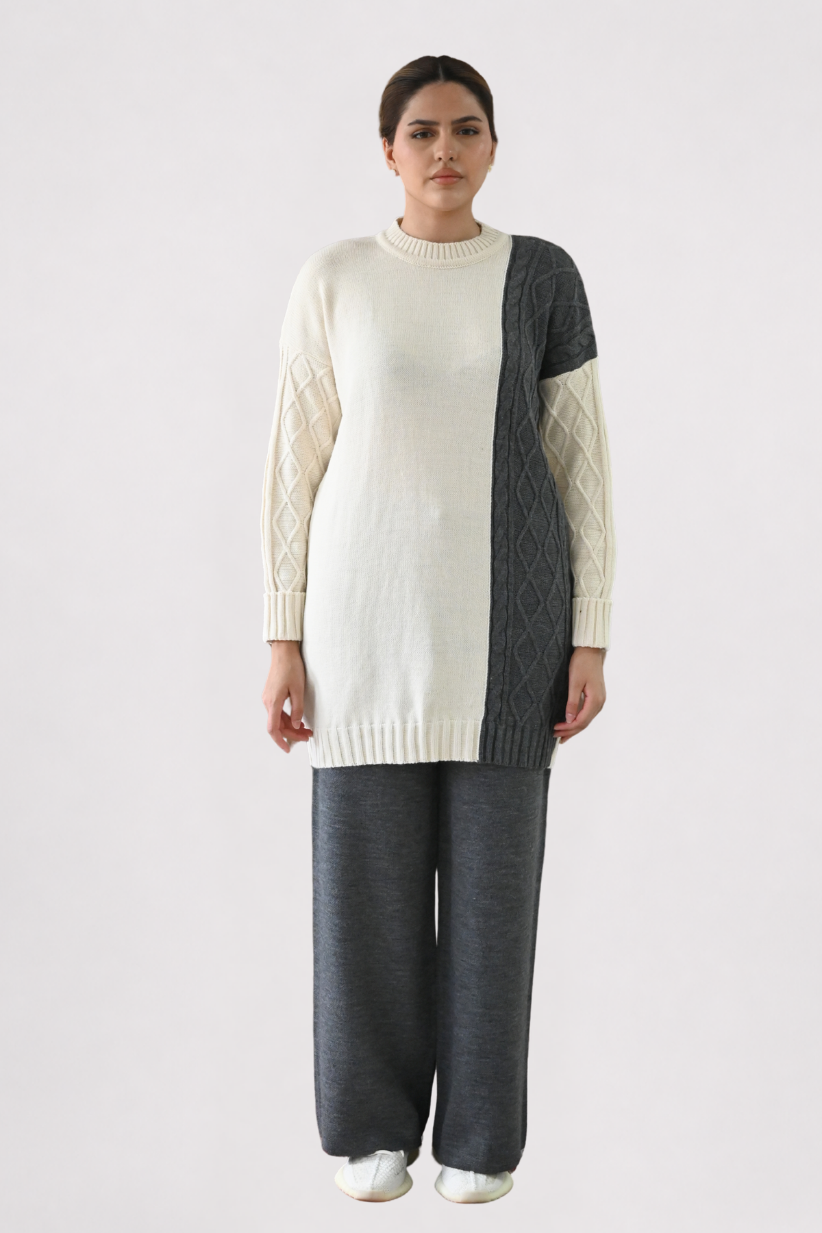 Colour Block Cable Knit Co-ord - Grey
