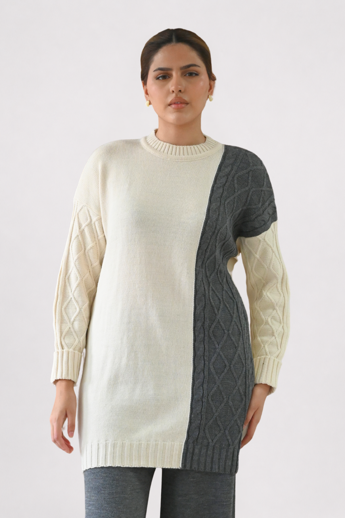 Colour Block Cable Knit Co-ord - Grey