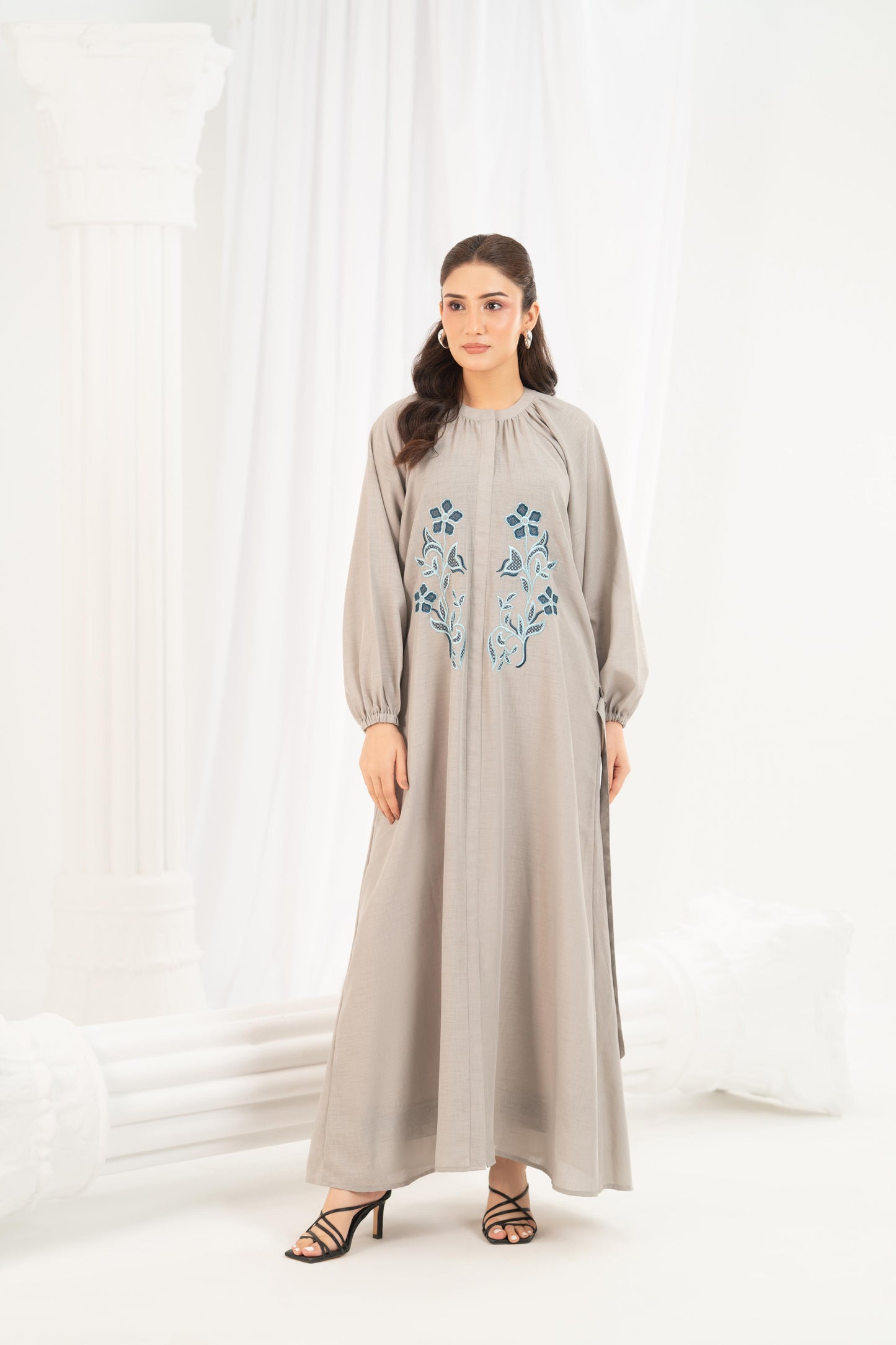 Grey Blue Embroidered Dress