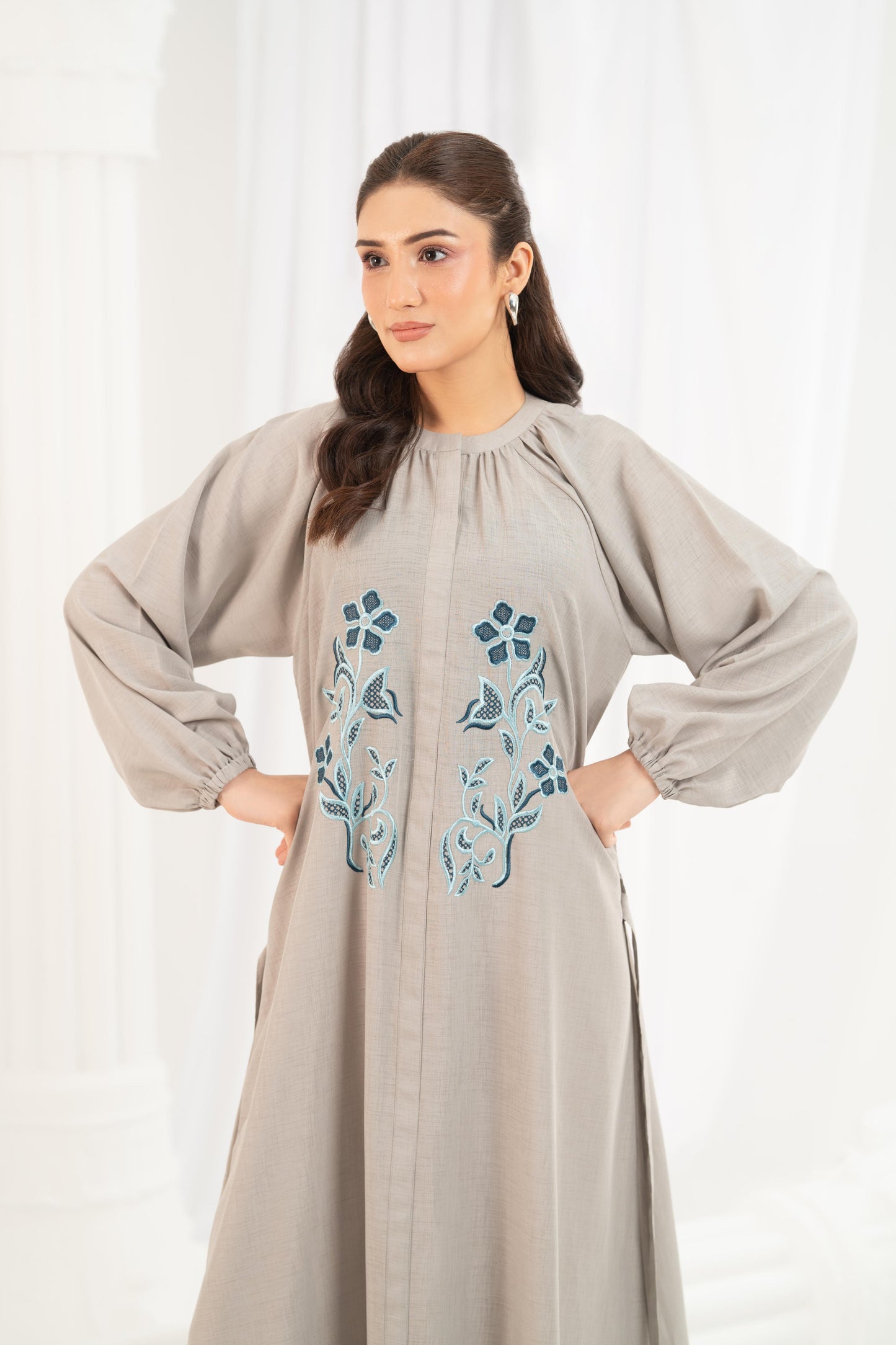Grey Blue Embroidered Dress