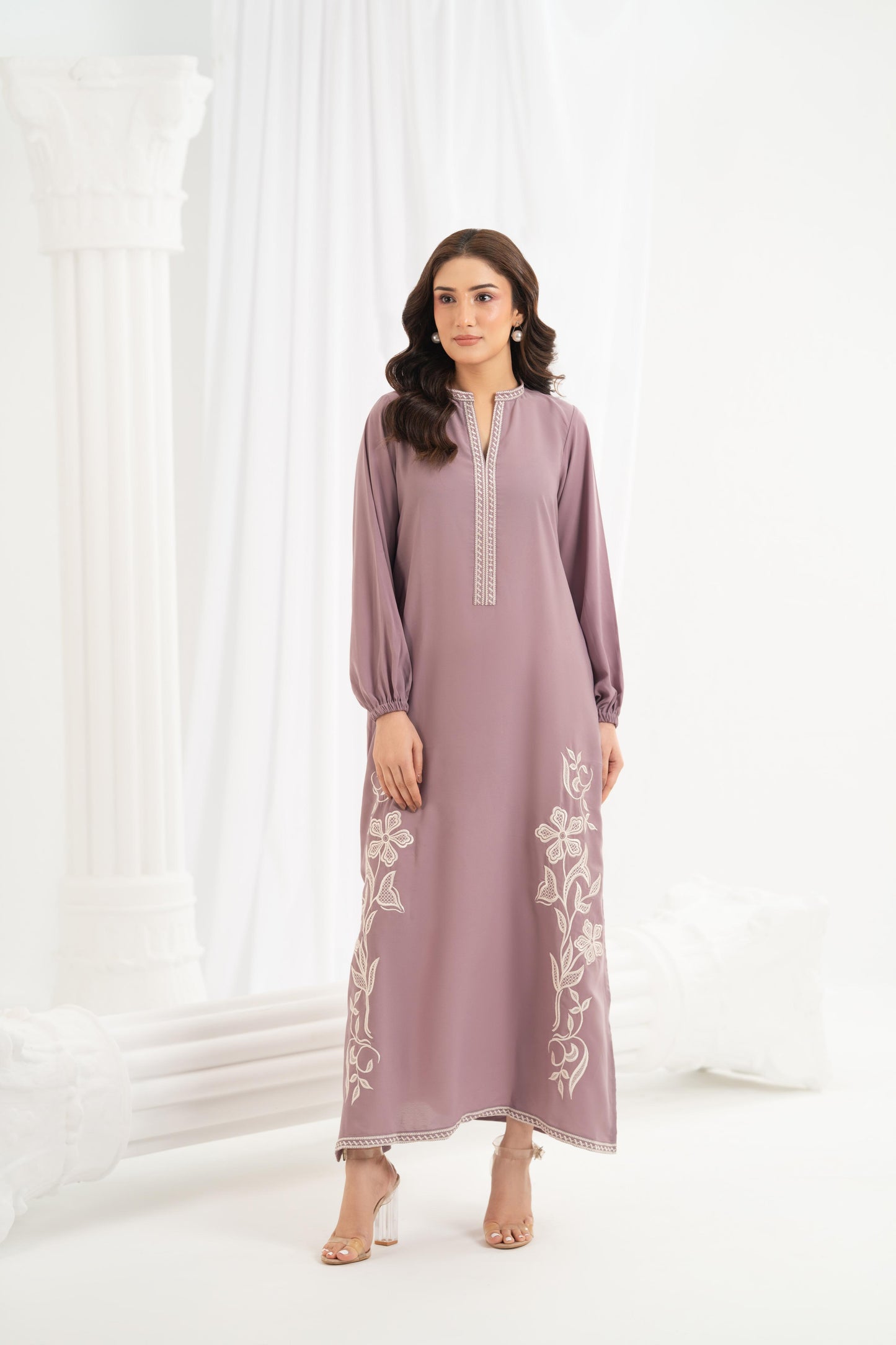 Mauve Floral Embroidered Dress