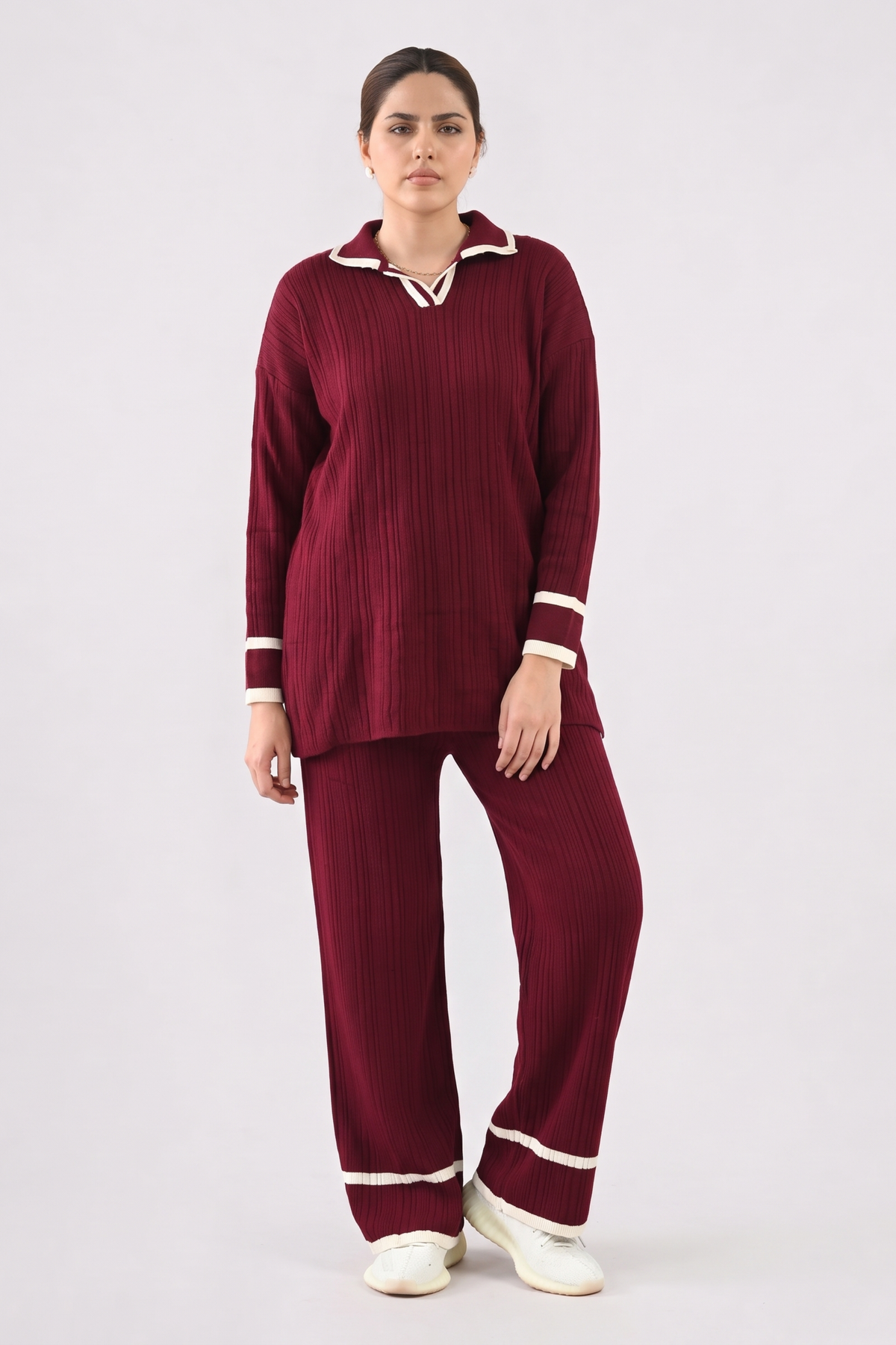Contrast Collar Ribbed Knit Co-ord - Wine